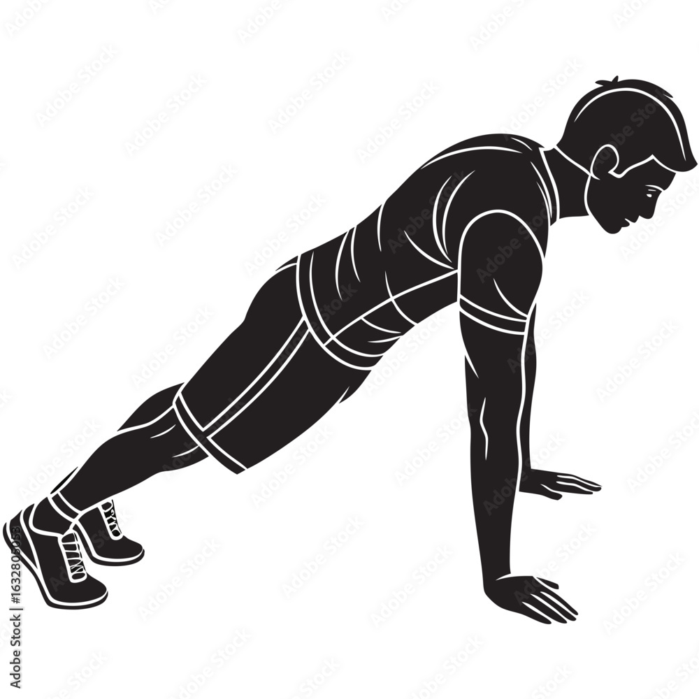 Poster silhouette of a man doing a push up exercise with proper form and wearing athletic shoes and workout