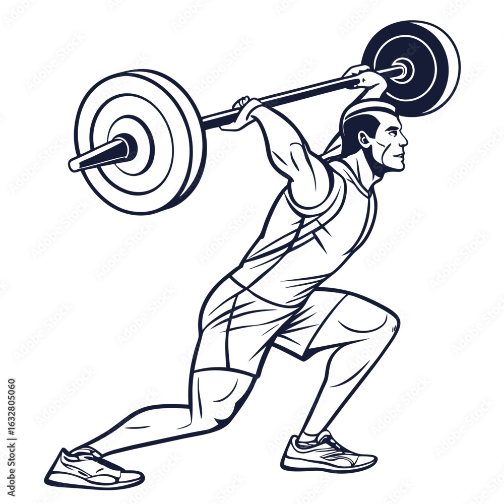 Poster man lifting barbell overhead in a dynamic lunge position with focus on strength and athletic ability