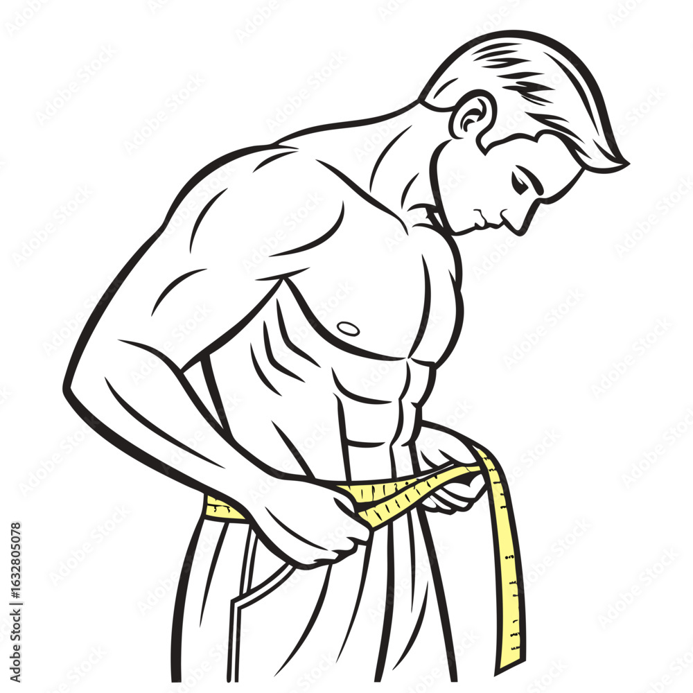 Poster man is measuring his waist with a yellow measuring tape and looking down at the tape in a white back