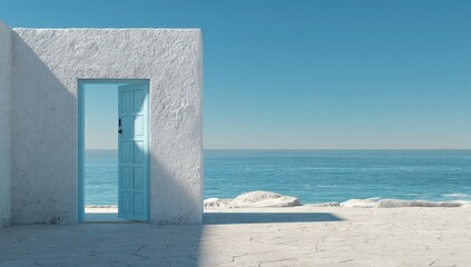 White walls, blue door, ocean view