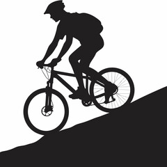 Obraz premium Silhouette of a mountain biker riding uphill with helmet and backpack against a white background scene outdoors created with generated ai