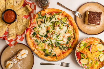 Pizzeria food flat lay composition