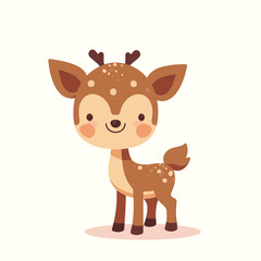Cute cartoon baby deer with a joyful expression standing on a simple background, representing innocence and playfulness, concept of children&rsquo;s products or wildlife conservation