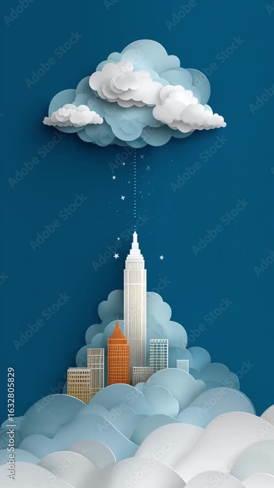 Poster vertical design illustration of clouds with cityscape and iconic building emerging from soft clouds 