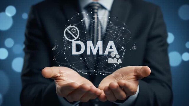 Digital Market Act Concept Businessman Presenting Technology Icons in Blue Bokeh Background