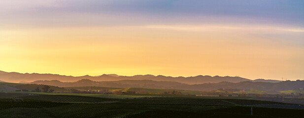 Panorama of sunlight at sunset, sunrise, over hoizon