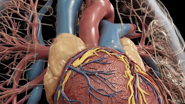 Crosssectional animation of human thorax focusing on emboli migration through right heart chambers into pulmonary circulation.
