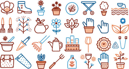 Hand Drawn Gardening Tools and Plants Icons Set with Flowers and Boots Keywords: gardening, tools, plants, flowers, nature, spring, summer, horticulture, growth