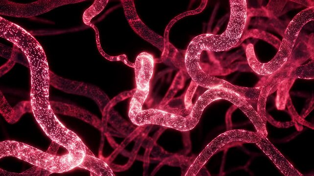 Abstract visualization of glowing red capillaries forming complex snakelike patterns symbolizing new vessel growth underground.