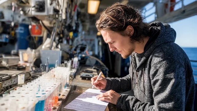 Oceanographer performing salinity and temperature analysis on collected seawater sample aboard research vessel emphasizing fieldwork accuracy and marine science.