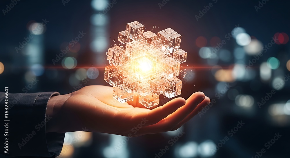 Poster human hand holding a brightly lit abstract interconnected cube structure with bokeh city lights in t