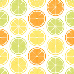 Obraz premium Seamless Citrus Fruit Pattern – Lemon, Orange, Lime Slices in Offset Tile Layout