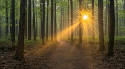 Obraz premium Sunlight streams through a misty forest path.