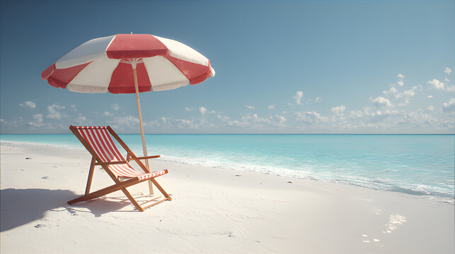 Tropical beach chairs and umbrella on the beach. Beach vacation chairs and a beach umbrella on a white sand beach with clear turquoise water. Deck chair, striped red and white umbrella beach life