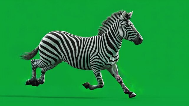 A zebra running with black and white stripes isolated on a bright green colored background screen view green screen animal video