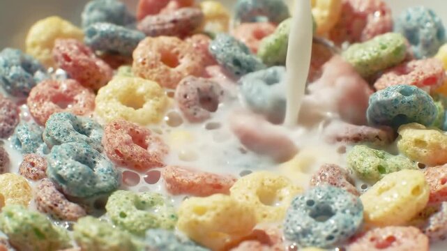 Colorful Cereal with Milk Pouring In