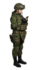 Female soldier in modern camouflage uniform and tactical gear stands isolated on white background, focused and serious while using smartphone, wearing helmet and protective equipment