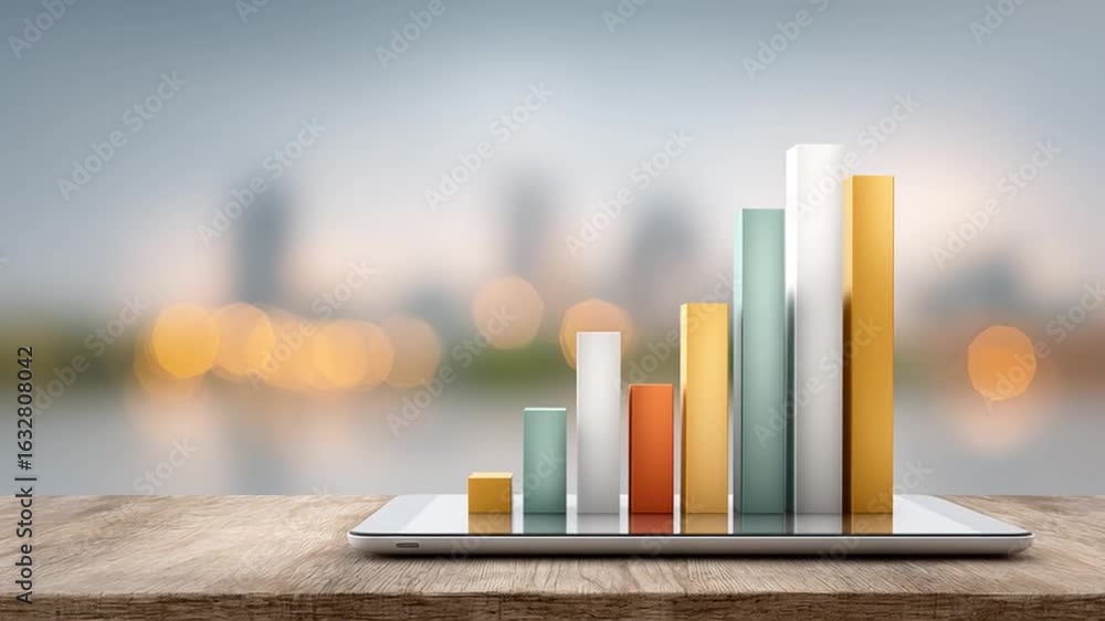 Poster hyper-realistic floating holographic charts displayed on a tablet, showcasing modern data visualizat
