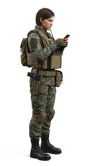 Fototapeta premium Female soldier in camouflage uniform, tactical vest, and combat boots stands focused, using smartphone, isolated on white background, conveying determination and modern military technology