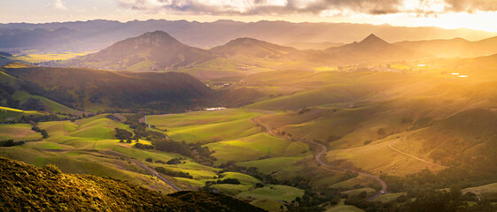 Sunrise, Sunset over the valley, mountains, hills