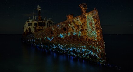 Rusty ship at night with bioluminescent glow