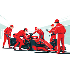 Obraz premium Formula 1 pit crew working on race car in pit lane