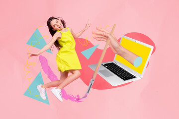 Full 3d art trend collage of happy preteen schoolgirl stand laptop device home e-learning draw paintbrush art lesson homework