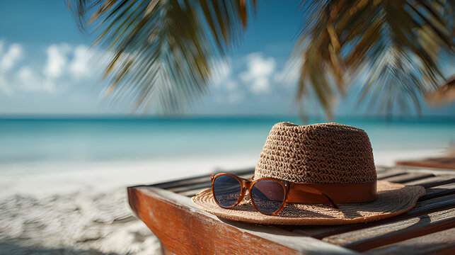 Straw hat and sunglasses on beach tropical paradise. Straw hat and sunglasses on a sandy beach Summer vacation waterback