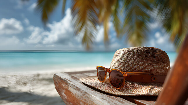 Straw hat and sunglasses on beach tropical paradise. Straw hat and sunglasses on a sandy beach Summer vacation waterback