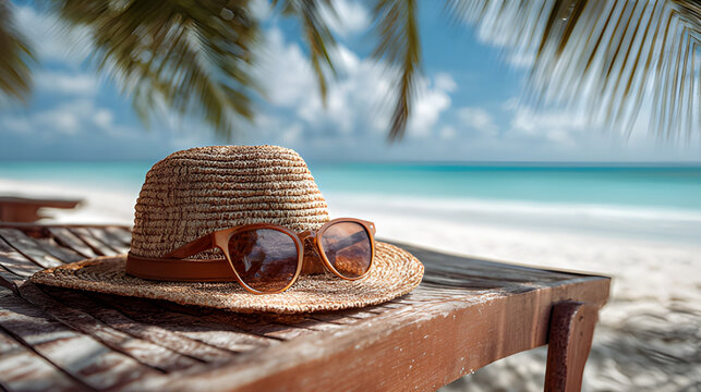 Straw hat and sunglasses on beach tropical paradise. Straw hat and sunglasses on a sandy beach Summer vacation waterback
