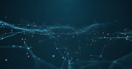 Digital Connections: An abstract visualization of interconnected points, lines, and nodes creates a sense of complex networks and data flow in a futuristic setting. 