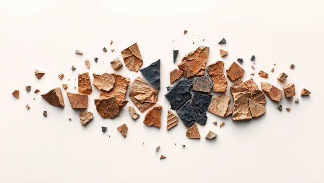 Scattered fragments of terracotta and dark gray pottery shards on a plain white background surface
