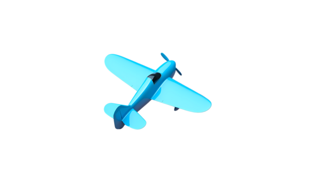 A bright blue vintage airplane model glows against a stark black background evoking a sense of retro aviation and fantasy
