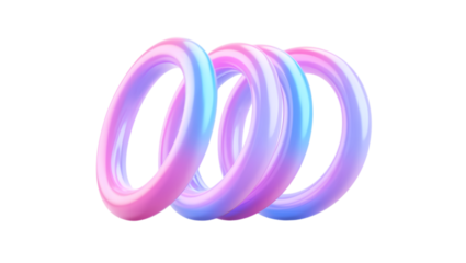 Three iridescent glowing translucent rings intertwined in a spiral formation against a stark black background