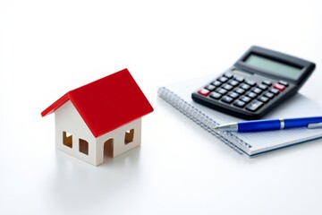 Calculate mortgage payments for buying house with calculator and notepad concept