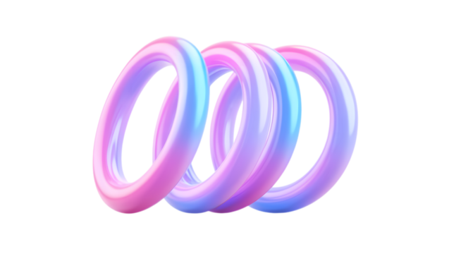 Three iridescent glowing translucent rings intertwined in a spiral formation against a stark black background