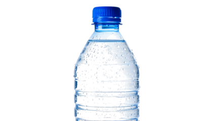 Clear plastic bottle filled with refreshing cold water and condensation droplets against a stark black background