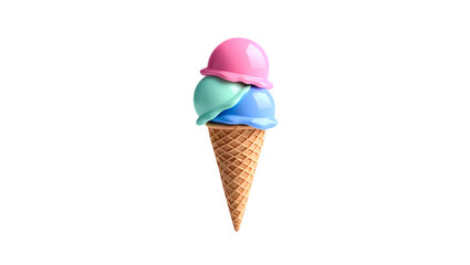 Delicious triple scoop ice cream cone with pink blue and teal flavors on a black background