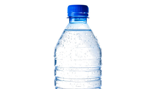 Clear plastic bottle filled with refreshing cold water and condensation droplets against a stark black background