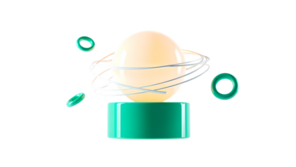 Abstract 3d render of a glowing oval planet with orbiting rings and green geometric shapes against a black background