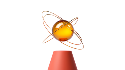Abstract orange orb with glowing rings orbiting above a red cone against a stark black background