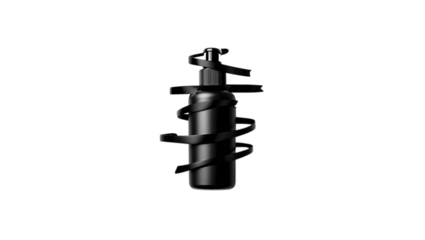 Close up of a dark metallic industrial shock absorber with a black background and subtle highlights