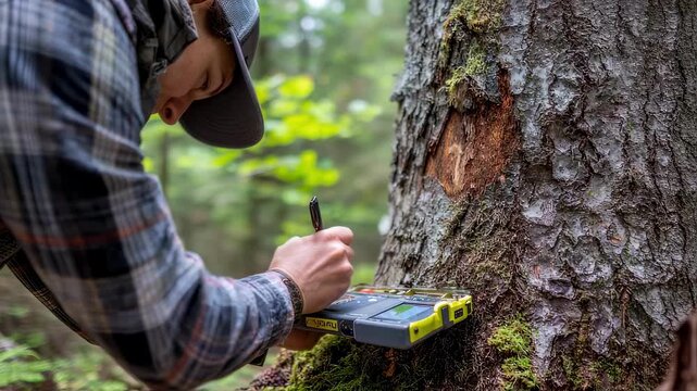 Scientist measures tree diameter with calipers noting details on portable gadget amid natural forest setting reflecting habitat monitoring techniques.