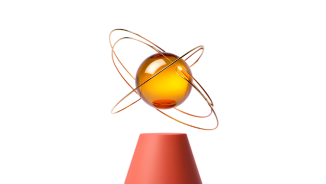 Abstract orange orb with glowing rings orbiting above a red cone against a stark black background - Powered by Adobe
