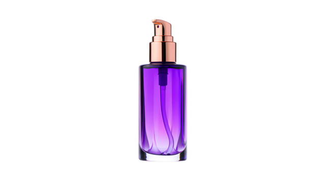 Elegant tall glass bottle with purple liquid and rose gold pump dispenser isolated on a black background