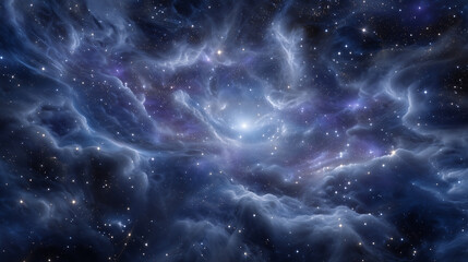 Naklejka premium Epic galactic scene with vibrant exploding stars, glowing gaseous clouds in deep blues and magentas, highly detailed space dust and cosmic energy radiating through the universe, re