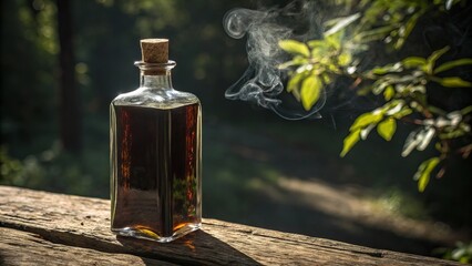 Glass bottle with cork stopper filled with dark liquid and smoke rising in a forest setting