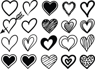 Collection of Hand Drawn Heart Shapes in Various Styles for Valentines Day and Love Themes Graphic Elements