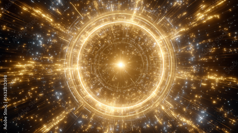 Poster a sci-fi energy core exploding with golden plasma, futuristic tech background, glowing particle burs