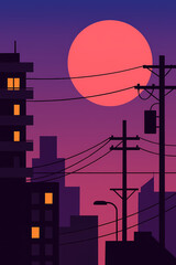 Palm-Lined Urban Twilight with Sunset and Silhouettes &ndash; Minimalist Tropical City Art